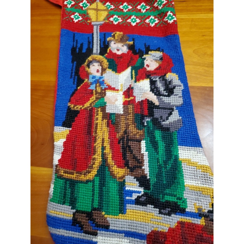 Vintage Wool Needlepoint Christmas Stocking Victorian Carolers Street Scene Red